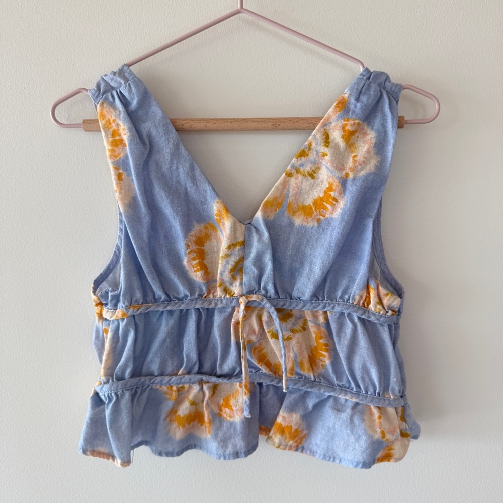 Zara Girls Blue Orange Floral Linen Blend Sleeveless Top Size 6 - Picture 2 of 4